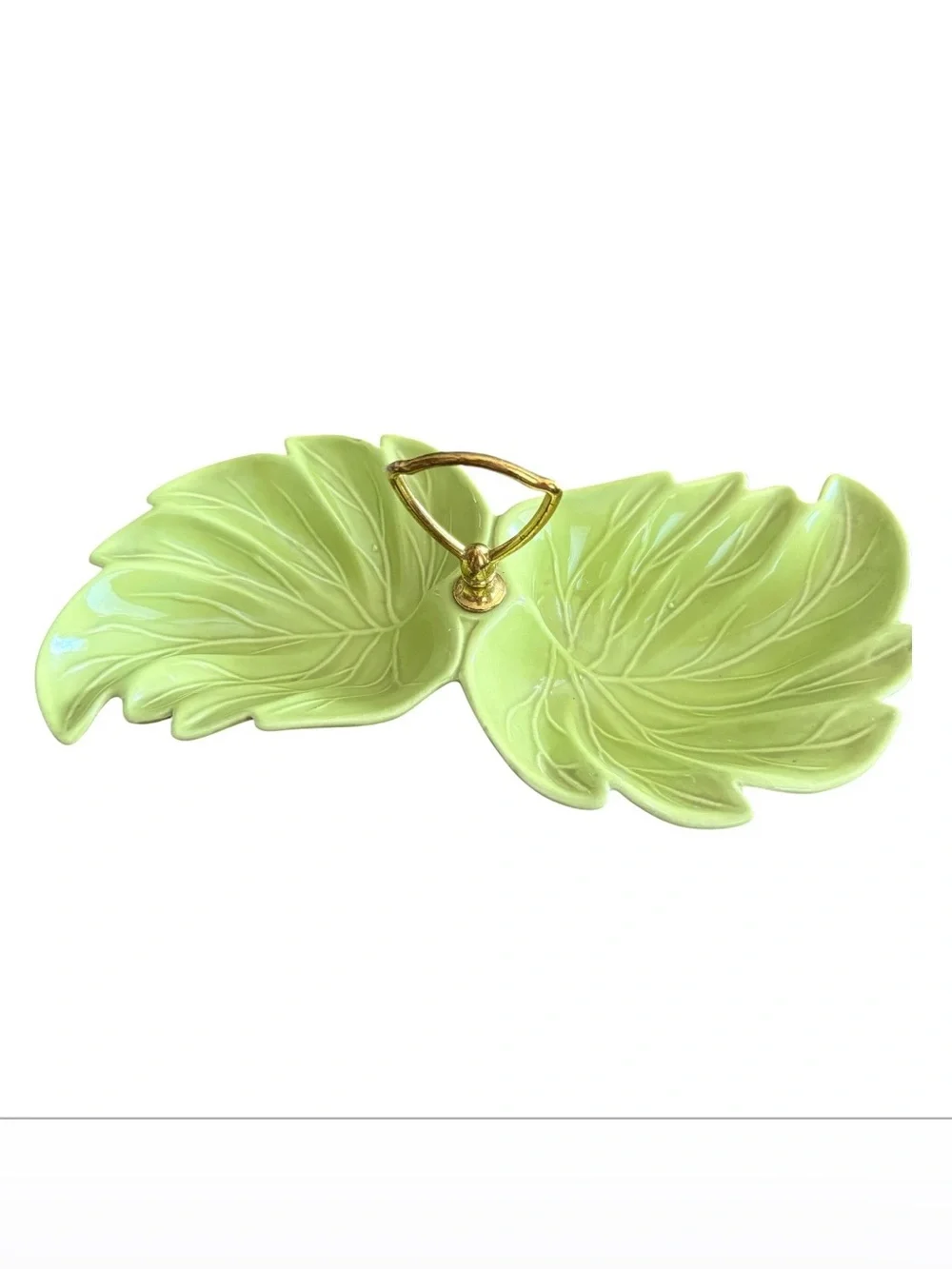 Vintage USA Ceramic Double Leaf Relish Candy Nut Dish Gold Handle Lime Green